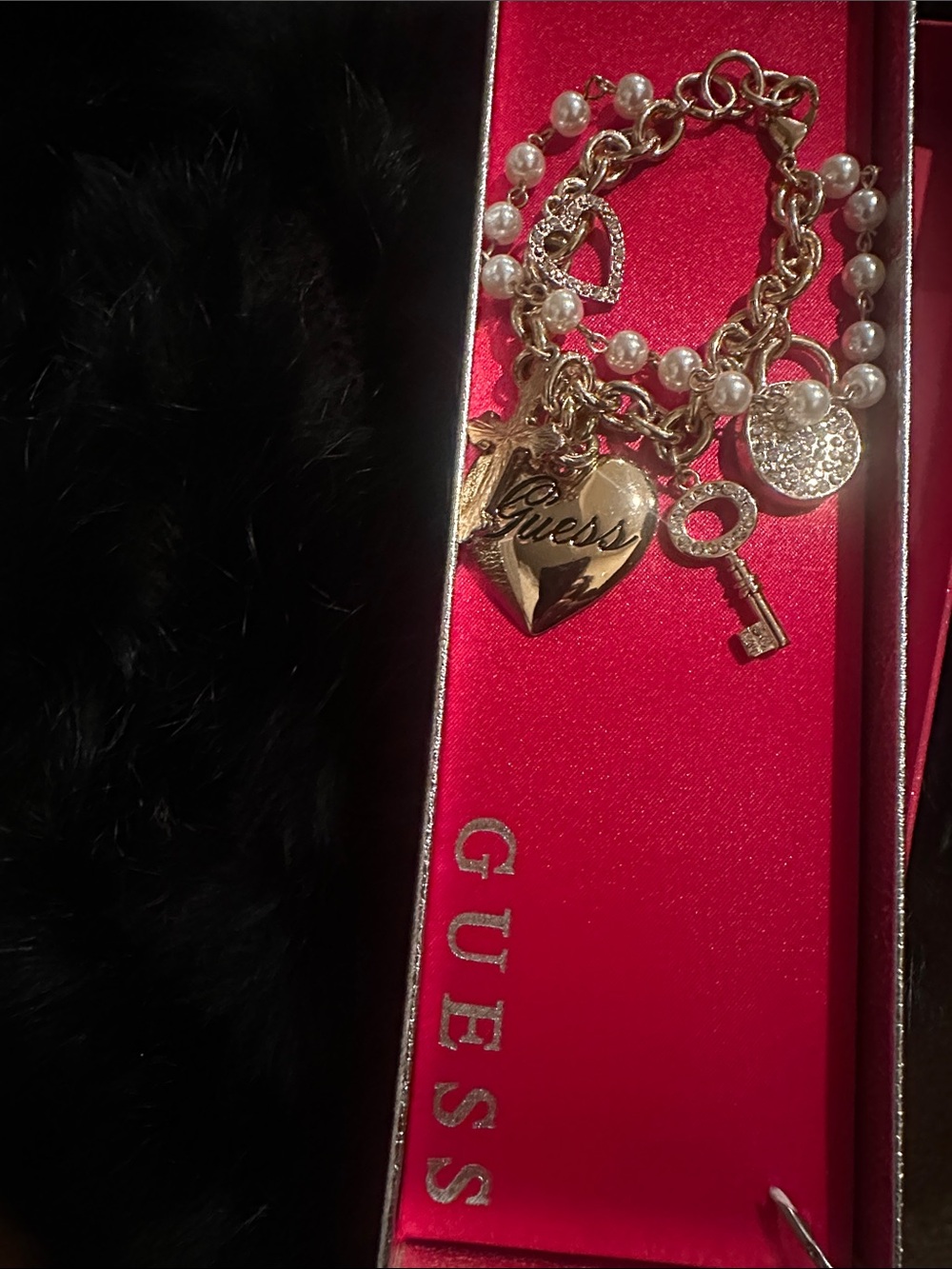Guess Gold and Pearl Charm Bracelet with Heart & Key